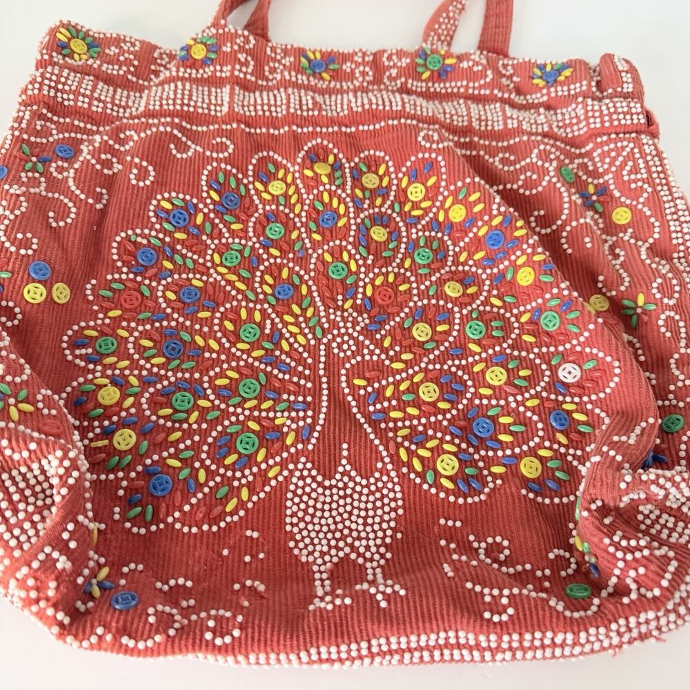 Vintage Red Beaded Peacock Purse Retro Boho Hippie Handmade Seed Beads 70's - Picture 3 of 6